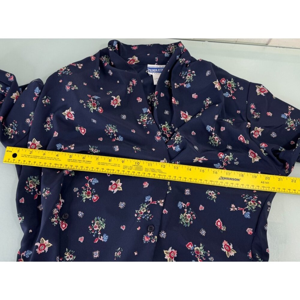 Pendleton Double Breasted Blouse Size LP 12 Petite Floral Shoulder Pads Navy - Picture 8 of 10